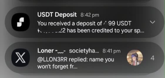 Mobile phone notifications showing a USDT Deposit receipt for / 99 USDT and an X (Twitter) reply notification from "Loner" with an avatar.