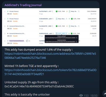 A trading journal screenshot shows multiple Virtual Protocol and Humanoid Network (HN) transactions on Robinhood, with large buy amounts that contributed to an 80-90% drop in value shortly after posting about the token launch.