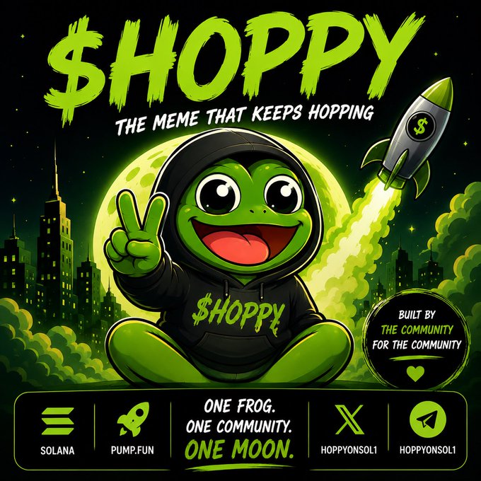 A promotional graphic for '$HOPPY - THE MEME THAT KEEPS HOPPING' featuring a green frog character in a hoodie making a peace sign, with branding for Solana, Pump.fun, X (HOPPYONSOL1), and Telegram.