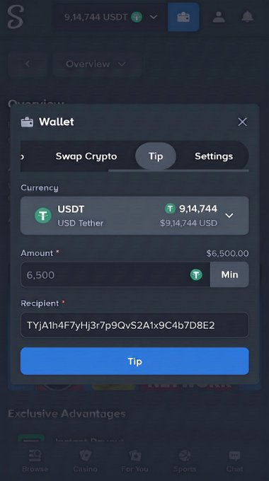A cryptocurrency wallet interface displays a "Tip" feature in USD Tether, where a user is sending 6,500 (approximately $6,500.00) to the recipient wallet address "TYjA1h4F7yHj3r7p9QvS2A1x9C4b7D8E2." The image serves as a visual demonstration of a tip transaction being made, intended to support the post's claim of giving away $12,000 to participants.
