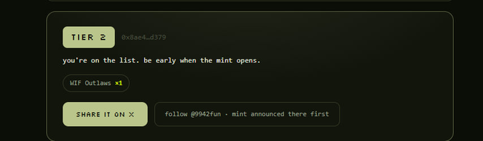 A dark interface snippet showing a 'TIER 2' allowlist position for 'WIF Outlaws' with a 'SHARE IT ON X' button directing users to follow @9942fun.