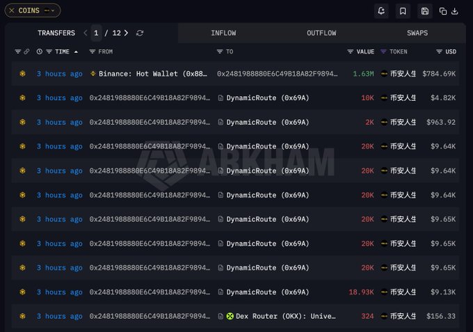 A cryptocurrency transaction tracker (Arkham) showing transfers page 1 of 12, listing outflows from wallet 0x2481988880E6C49818A82F9894... to DynamicRoute (0x69A...) and Dex Router (OKX), all involving the 币安人生 (Binance Life) token with values ranging from 2K to 1.63M and USD values from $9.64K to $784.69K.
