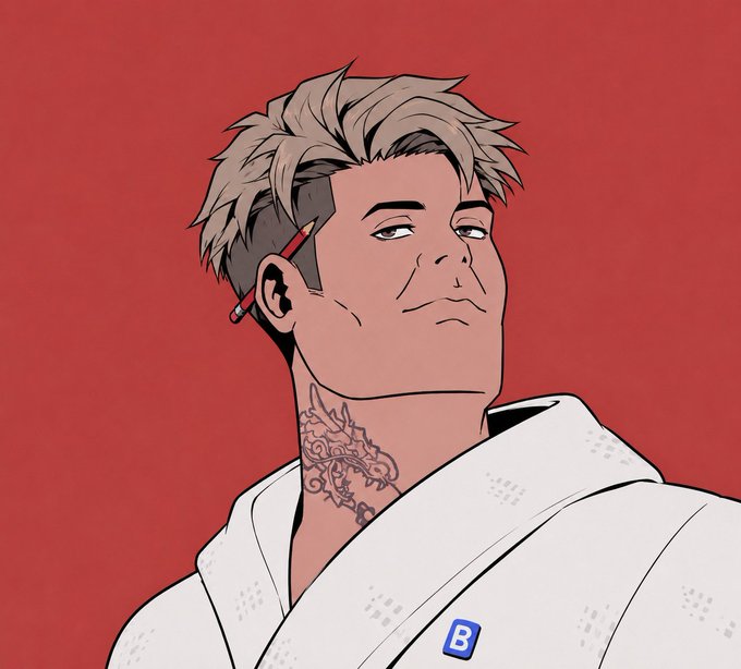 A stylized illustration depicts a confident man with a dramatic undercut hairstyle, a dragon tattoo on his neck, a pencil tucked behind his ear, and a white collared shirt featuring a blue "B" badge, set against a red background—evoking the sharp, tattooed aesthetic of an Azuki NFT character.