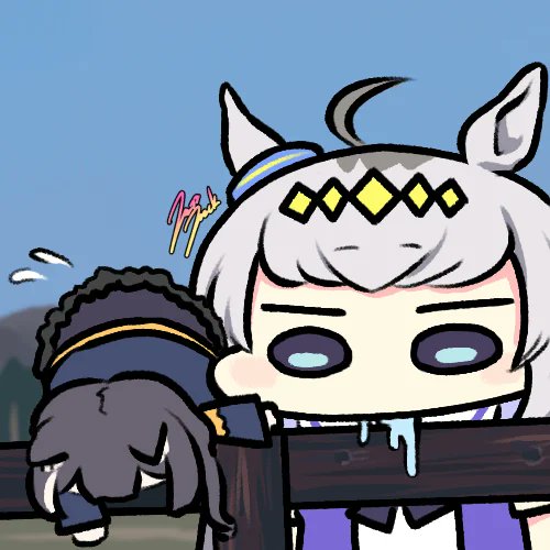 A cartoon illustration shows a small character with white hair, horse ears, and a yellow diamond headband drooling over another small sleeping figure with dark hair.