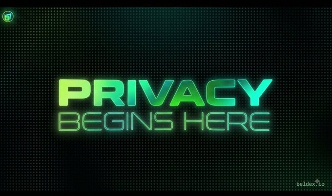 A neon green digital graphic with the text 'PRIVACY BEGINS HERE' on a dotted black background, with 'beldex.io' in the bottom right.