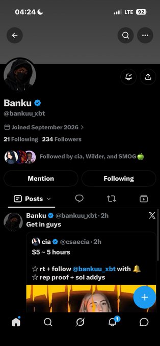 A screenshot of the X/Twitter profile for 'Banku' (@bankuu_xbt), displaying a post that says 'Get in guys' and quoting another tweet from 'cia' (@csaecia).