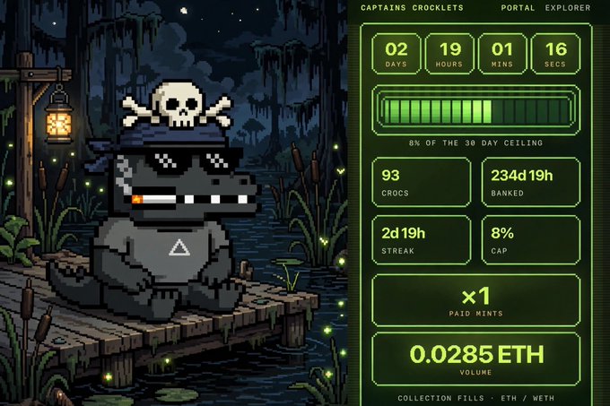 A pixel-art game interface titled "CAPTAINS CROCKETS PORTAL EXPLORER" featuring a skull-hat-wearing alligator character, a countdown timer, and stats like "93 CROCS," "0.0285 ETH VOLUME," and "x1 PAID MINTS."
