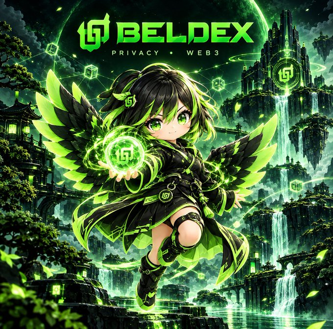 A promotional graphic for 'BELDEX' featuring the tagline 'PRIVACY • WEB3', showing a chibi-style anime character with green wings holding a glowing green orb in a fantasy landscape with waterfalls and floating islands.