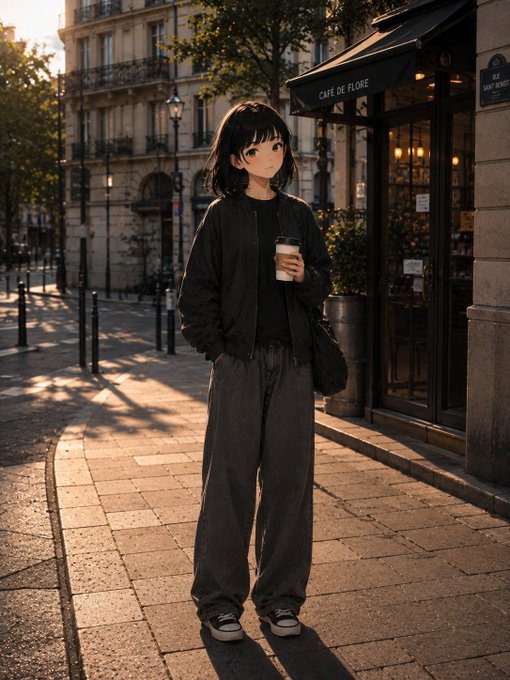 An anime-style illustration of a young woman with short black hair wearing a black bomber jacket and baggy gray pants, holding a coffee cup on a cobblestone street near a 'CAFÉ DE FLORE' storefront.