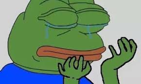 A cartoon illustration of a sad green frog with tears in its eyes and a large orange mouth, holding its hands up in a crying gesture.