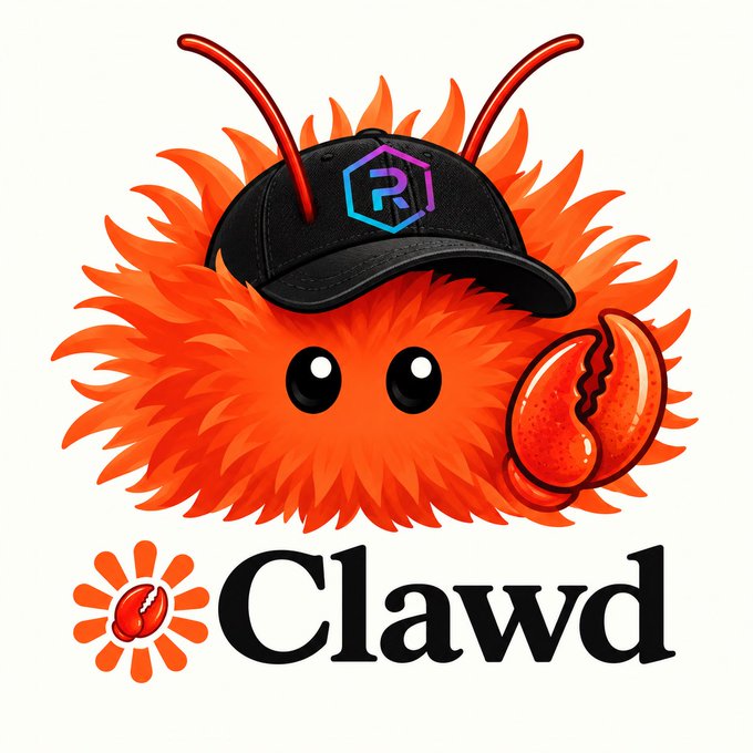 A cartoon logo of an orange fuzzy creature wearing a black cap with antennae, next to a crab claw, with the text 'Clawd' below.