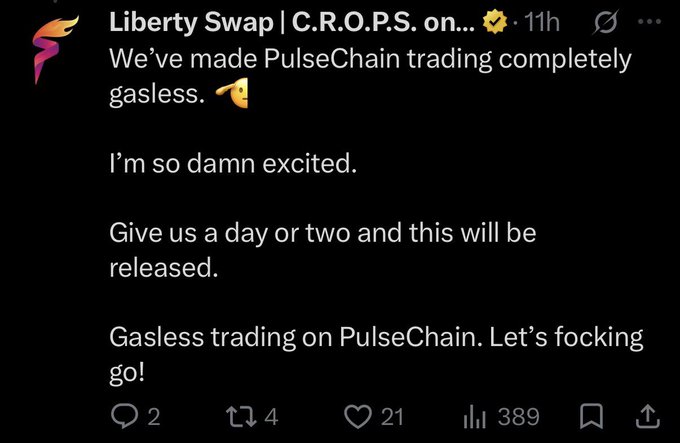 A tweet from Liberty Swap | C.R.O.P.S. on… announcing that PulseChain trading has been made completely gasless, with the developer expressing excitement and stating it will be released within a day or two. The announcement relates to the comment by suggesting this gasless trading feature could enable trading of bridged assets like pdai directly on PulseChain without needing to bridge elsewhere, highlighting the ZKX wallet's potential role in maintaining the pdai peg.