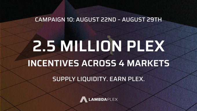 The image is a Lambdaplex campaign graphic announcing "Campaign 10: August 22nd – August 29th" with "2.5 Million PLEX Incentives Across 4 Markets" and the tagline "Supply Liquidity. Earn PLEX." It complements the post by visually promoting the broader campaign that includes the new $TRUST rewards for the $DOVU/$USDC vault.