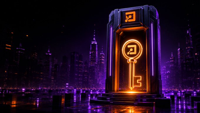 A futuristic cyberpunk scene with a glowing orange neon key symbol inside a dark technological structure, set against a purple-lit cityscape.