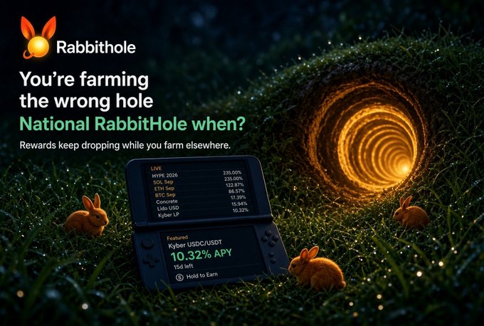 A promotional graphic for 'Rabbithole' asking 'National RabbitHole when?' showing crypto APY stats on a handheld gaming console beside a glowing, spiral rabbit hole in a grassy field.