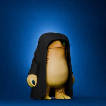 A figurine of a frog dressed in a black hooded cloak against a blue background.