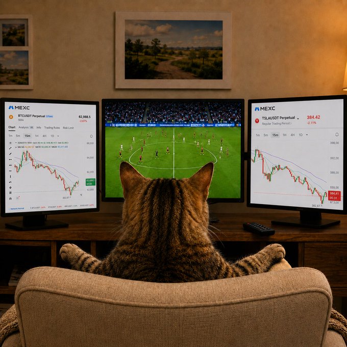 A tabby cat sits relaxed in a chair facing three monitors displaying a live football match and MEXC charts for BTCUSDT and TSLAUSDT perpetuals, humorously embodying "Weekend FOMO" as it casually ignores the volatile red price action while enjoying the game.