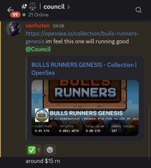 A mobile screenshot of the OpenSea NFT marketplace on the Xanhute (Twitter) app, showing a post about a 'Bulls Runners Genesis' collection minting successfully with around $15 rn remaining.