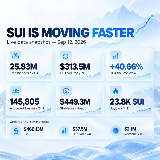 Data dashboard titled 'SUI IS MOVING FASTER' showing live blockchain statistics from September 12, 2026, including 25.83M transactions/24H, $313.5M DEX volume/7D, 145,805 active addresses, and $449.3M stablecoin float.