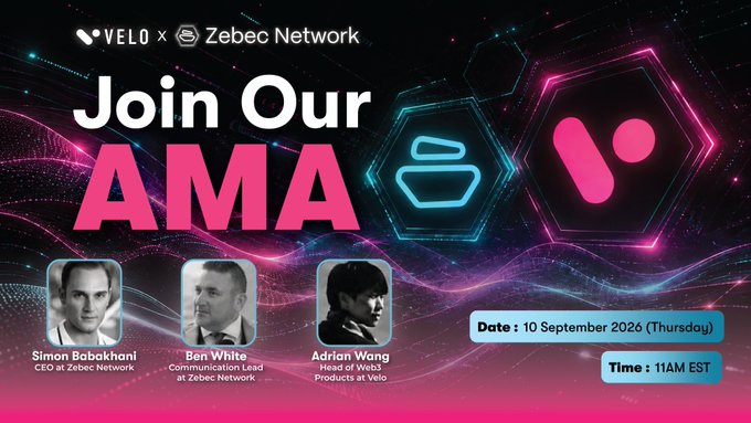 A promotional graphic announces a Velo x Zebec Network AMA session scheduled for September 10, 2026 (Thursday) at 11AM EST, featuring portraits of Simon Babakhani (CEO of Zebec Network), Ben White (Communication Lead at Zebec Network), and Adrian Wang (Head of Web3 Products at Velo), with accompanying text highlighting their upcoming Twitter Space discussion about a crypto debit card partnership on September 10 at 11AM ET.