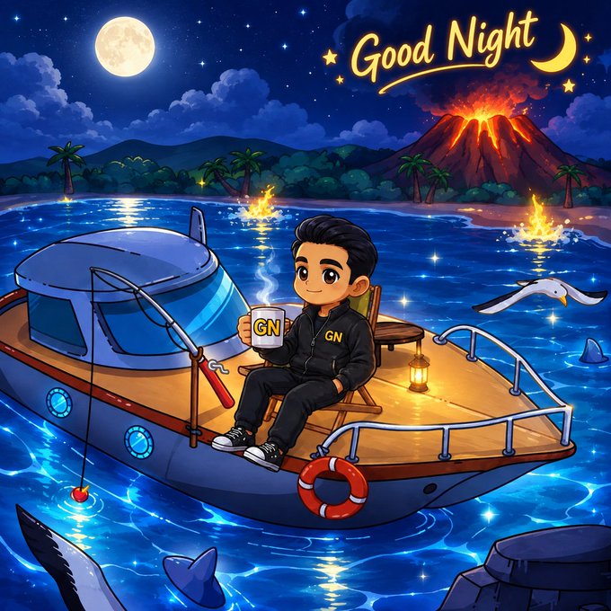 A cartoon illustration shows a boy in a 'GN' tracksuit sitting on a boat at night with the text 'Good Night' illuminated by a moon and an erupting volcano in the background.