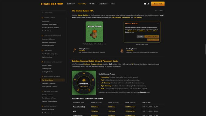 A documentation page from Chainers.io explaining "The Master Builder NPC," "Building Hammer Radial Menu & Placement Costs," and detailing wood and steel structure foundation prices.