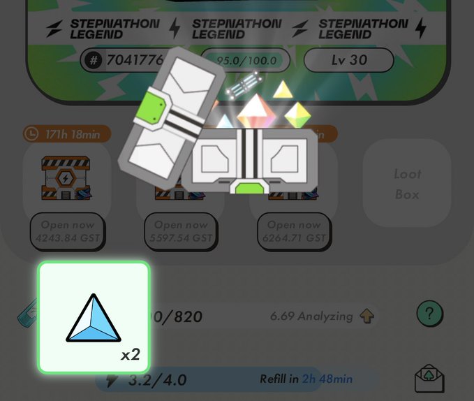 This screenshot from the mobile game StepN displays a "STEPNATHON LEGEND" event interface, showing a player at Level 30 with 95.0/100.0 energy, alongside timers for opening chests costing GST and a highlighted blue triangle icon marked "x2" in the foreground.