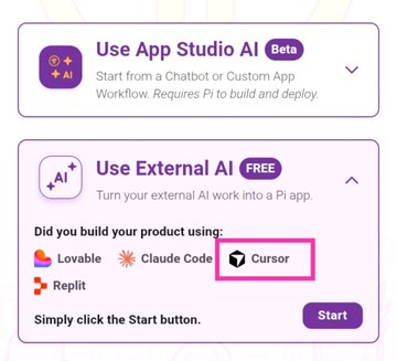 The image shows a Pi App Studio interface highlighting the "Use External AI" option, where Cursor is circled among the available AI tools (Lovable, Claude Code, Cursor, Replit), supporting the post's claim about Pi Network's recent Cursor integration.