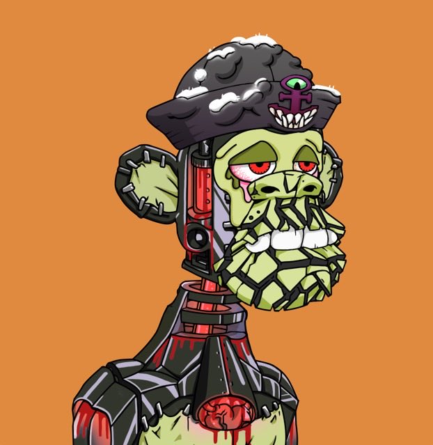 The image features a cartoon character with a face, dressed as a robot or machine, wearing a hat that resembles a pirate's hat. The character has a beard and is painted green, giving them an eerie appearance. The background of the image is orange, which contrasts with the character's color scheme. The caption below the image reads: "HMM @BoredApeYC one of the best mutants out there".