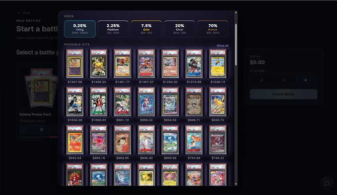 A digital marketplace interface displaying various trading cards categorized by rarities (Common, Platinum, Gold, Silver, Bronze) with prices in dollars and a 'Create Battle' button.