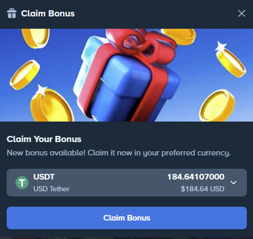 A mobile app screenshot of a 'Claim Bonus' pop-up featuring a 3D blue gift box with a red ribbon and falling gold coins on a blue background, showing an offer for '184.64107000 USDT' worth '$184.64 USD' with a 'Claim Bonus' button at the bottom.
