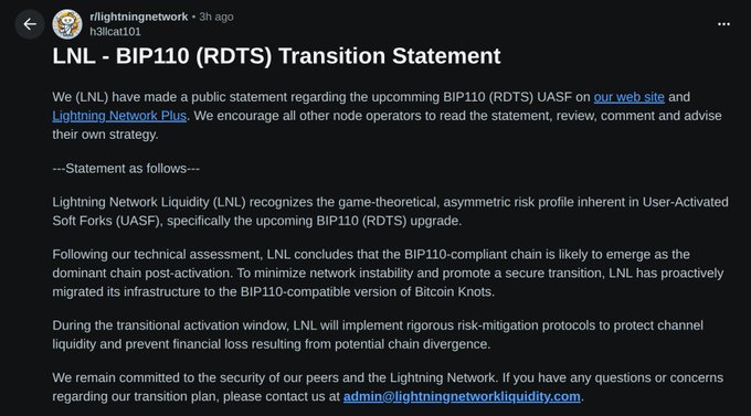 A Discord post from r/lightningnetwork announces "LNL - BIP110 (RDTS) Transition Statement," with Lightning Network Liquidity (LNL) stating their pre-emptive migration to Bitcoin Knots in anticipation of a BIP110-compliant chain emerging as dominant, emphasizing risk-mitigation protocols during the transition window. The statement supports the post's view that Lightning-focused users are positioning themselves pro-BIP110 by migrating to Knots early to protect their channel infrastructure.