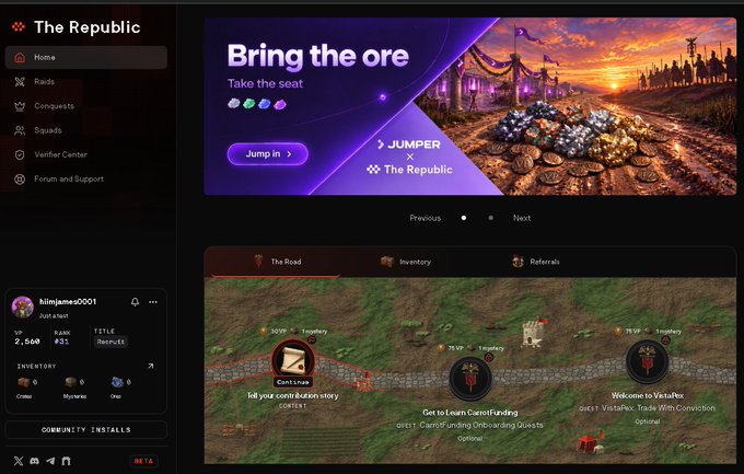 A screenshot of a website called "The Republic" with a sidebar showing a user profile "8danjames0001" and a main banner reading "Bring the ore - Take the seat" for a crypto game called "JUMPER".
