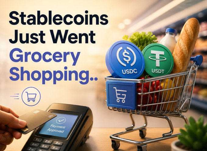A promotional graphic titled 'Stablecoins Just Went Grocery Shopping' featuring a shopping cart filled with groceries alongside USDC and USDT coin icons, and a payment terminal displaying 'Payment Approved'.