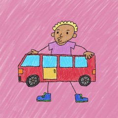 A colorful crayon-style drawing shows a child with curly blonde hair and blue shoes holding or wearing a large red bus like a costume against a pink background. The whimsical illustration, captioned simply with "or," playfully imagines the child transforming into or merging with the vehicle.