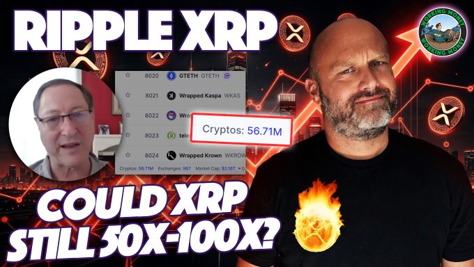 The image is a YouTube thumbnail featuring two men discussing Ripple XRP, with bold text asking "RIPPLE XRP COULD XRP STILL 50X-100X?" alongside a crypto market list showing rankings 8020-8024 and a "Cryptos: 56.71M" label. The content relates to the post by highlighting the importance of credible voices in the crypto space, reinforcing the speaker's gratitude for being recognized by trusted figures in an industry often populated by unqualified commentators.
