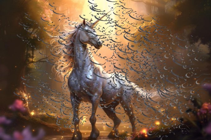 A fantasy illustration of a majestic white horse standing in a glowing golden forest, surrounded by swirling feathers or petals and lit by warm, ethereal light.