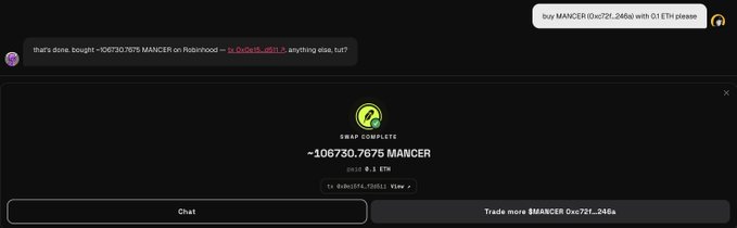 A Robinhood trade confirmation screenshot showing a $721.246 million market buy of 106,730.7675 MANCER tokens, with a YouTube video purchase of the same stock visible at the top.