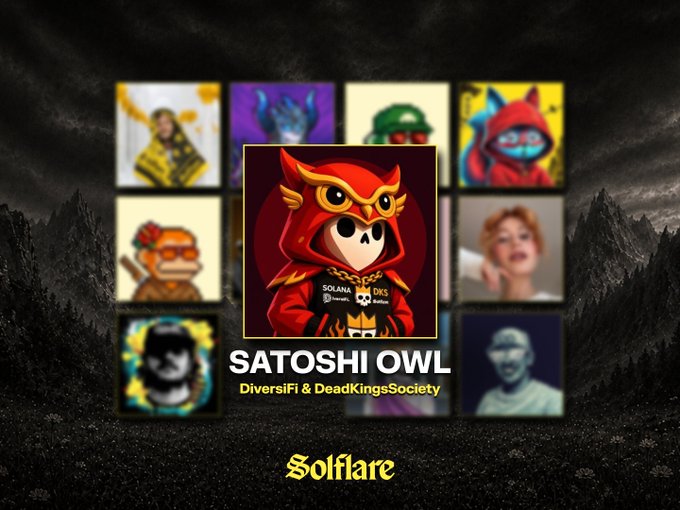 A promotional graphic featuring the central character 'SATOSHI OWL' (DiversiFi & DeadKingsSociety), an owl in a red hood, surrounded by a grid of other NFT avatars, with the 'Solflare' logo at the bottom against a dark mountain backdrop.