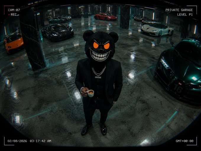 A security camera-styled image showing a person in a black suit wearing a menacing bear mask, holding a coffee cup in a private garage filled with sports cars.