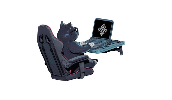 A stylized illustration shows a cat wearing sunglasses sitting in a black and red gaming chair while working on a laptop displaying a QR code.