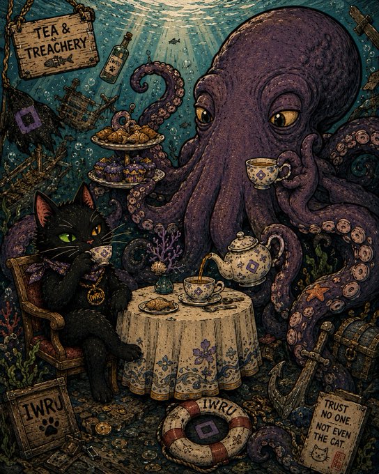 A whimsical illustration titled 'Tea & Treachery' depicting a black cat and a purple octopus having a tea party underwater, surrounded by ships, treasures, and signs reading 'TRUST NO ONE. NOT EVEN THE CAT.' with 'IWRU' branding.