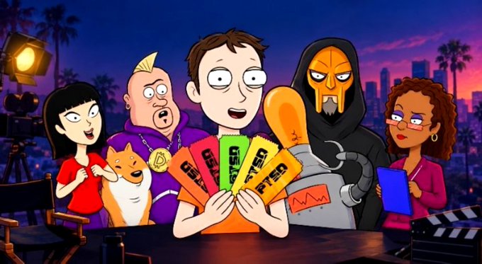 An animated cast of characters gathers around a central figure holding multiple fan tickets labeled "USHER" and "PYRO" at sunset.