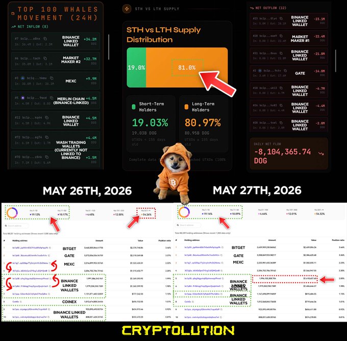 A screenshot of two separate spreadsheets filled with cryptocurrency data, both featuring a cute dog wearing an orange hoodie as their icon for ease of identification. The main spreadsheet shows cryptocurrency prices, while the smaller one has details about these crypto wallets. The larger spreadsheet also includes information about the cryptocurrency reserves, hinting at a coordinated effort to influence the order books. The post caption reads "Lol, adorable. #Binance-linked wallets appear to be pulling from smaller reserve wallets in a coordinated attempt to influence thin order books on Gate and MEXC".