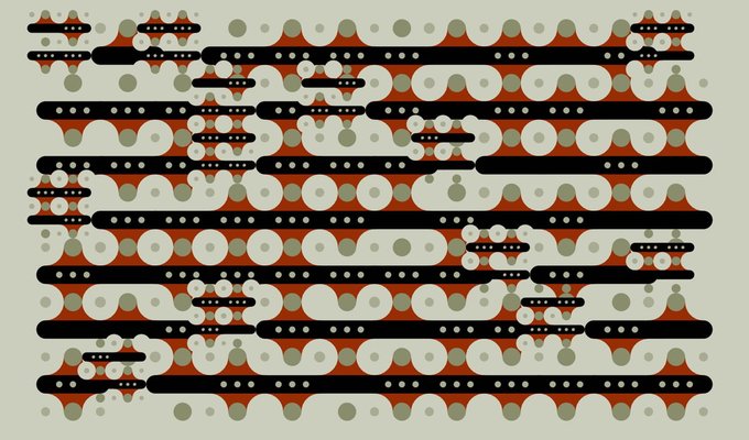 Abstract geometric pattern with horizontal red and black dotted bands overlaid on a cream background with olive and white circular dots, resembling a stylized tribal or textile design.