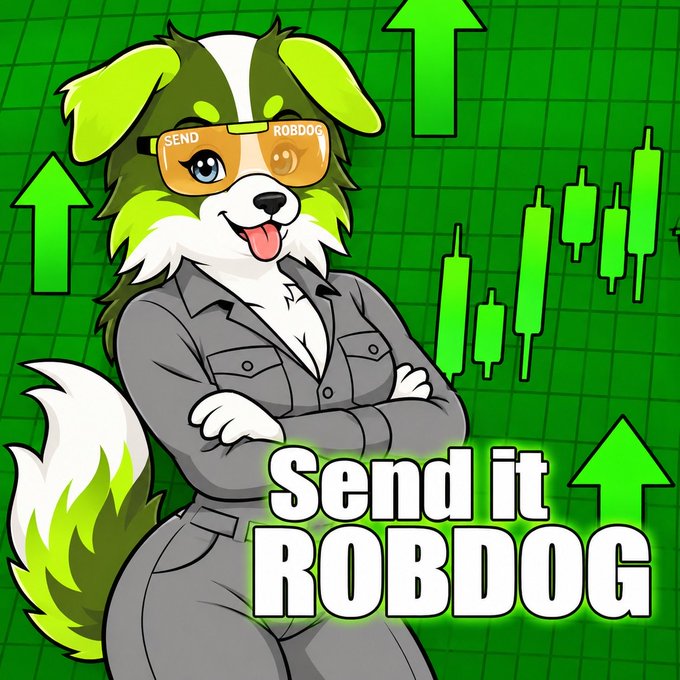 A cartoon mascot of a green and white dog wearing sunglasses labeled 'SEND ROBDOG' and a gray jumpsuit stands confidently against a green chart background with upward arrows and the text 'Send it ROBDOG'.
