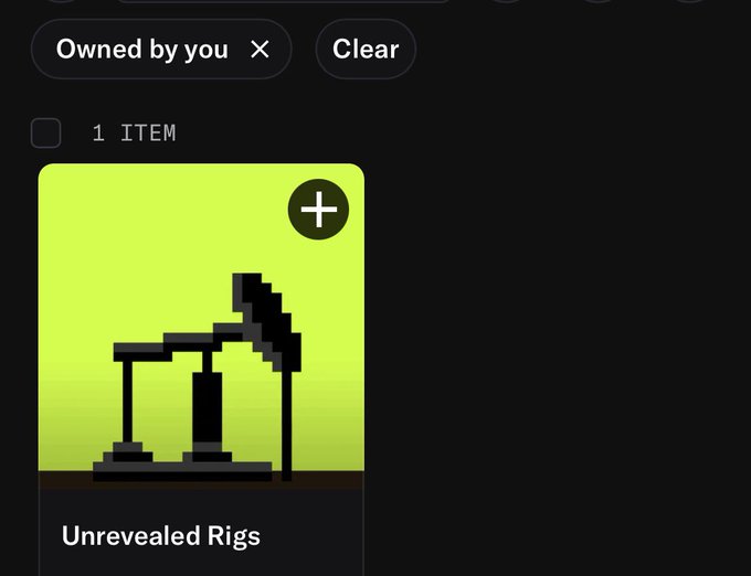 The image shows a digital NFT marketplace interface filtered by "Owned by you" with a single item displayed titled "Unrevealed Rigs," featuring a pixel-art oil pumpjack on a yellow-green background. This relates to the post showcasing an NFT investment that has appreciated 6x in floor price, highlighting the unrevealed rig NFT currently held in the user's wallet.