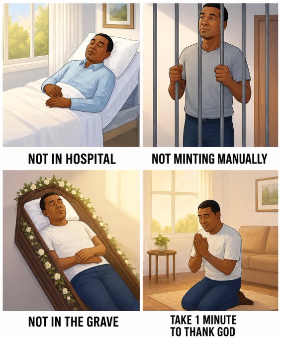 A four-panel meme showing a man in different situations with captions: 'NOT IN HOSPITAL' (resting in bed), 'NOT MINTING MANUALLY' (behind bars), 'NOT IN THE GRAVE' (in a coffin), and 'TAKE 1 MINUTE TO THANK GOD' (praying on the floor).