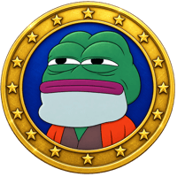 A digital badge featuring the Pepe the Frog character wearing a white face mask, set against a blue background and encircled by a gold border with stars.