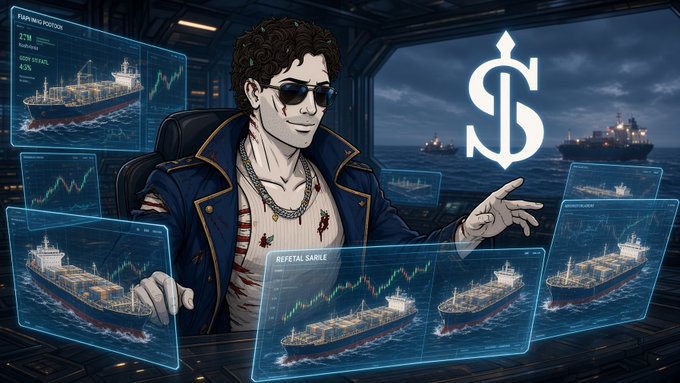 A stylized illustration shows a man in sunglasses and a blue jacket surrounded by floating holographic screens displaying shipping vessels and data charts, with a large "$S" symbol overlaid on a maritime background. Visible text on the screens includes "FUFU MKO POSITION," "2TM Australia," "USER DETAIL 6.0% Acedemia," and "REFETAL SABLE," reinforcing the post's theme of EthraShip's real-world dry bulk shipping assets and Sea Verity's maritime verification focus.